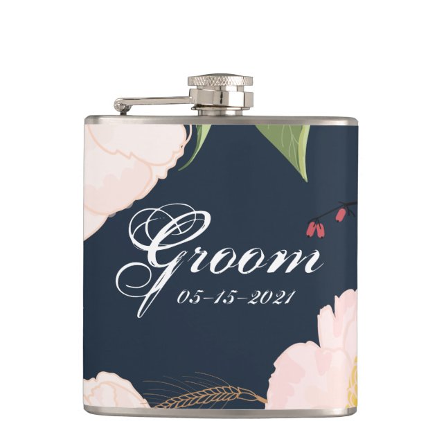 Groom Whiskey Flask Baby Pink Cosmos on White (Front)