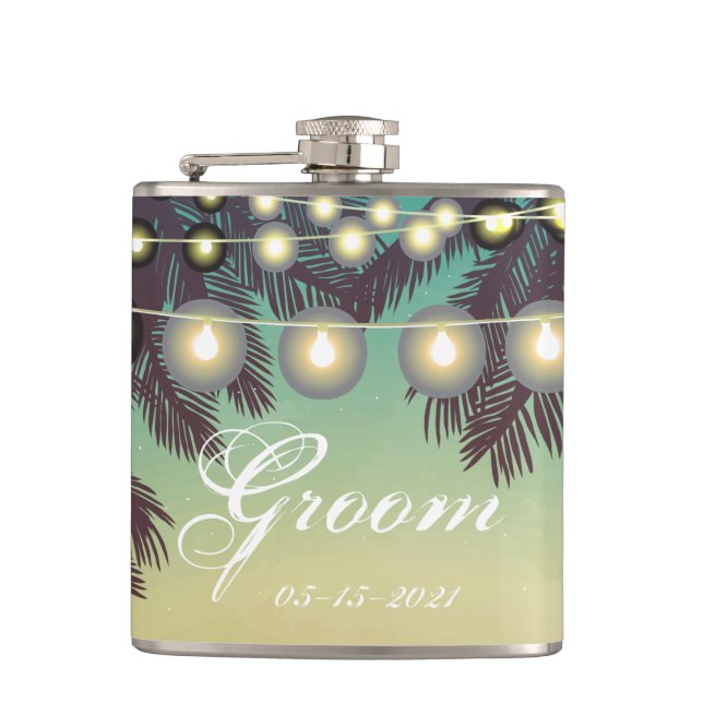 Groom Whiskey Flask Beach Sunset Palm Tree String (Front)