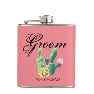 Groom Whiskey Flask Bohemian Cactus Succulents Des