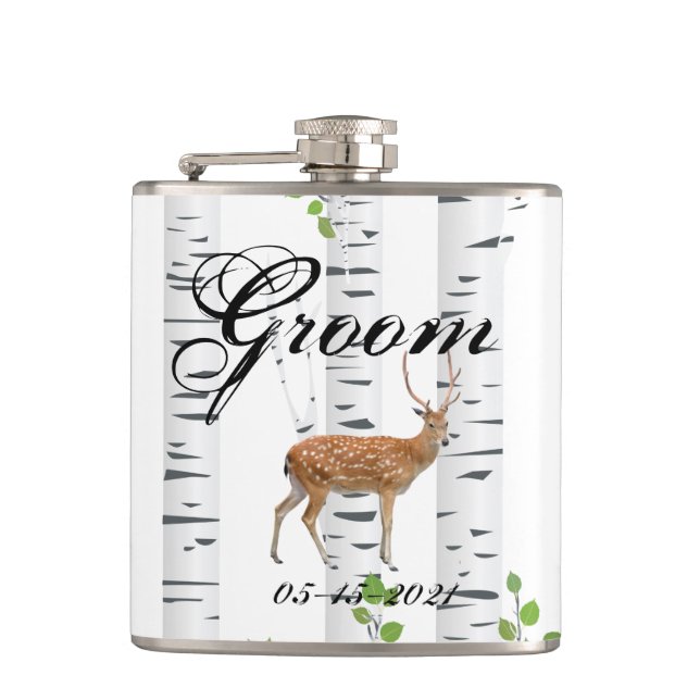 Groom Whiskey Flask Deer Doe Buck Woodland Hunting (Front)