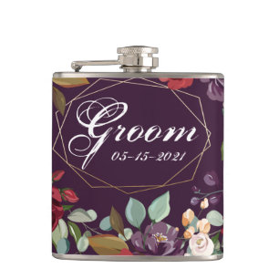 Groom Whiskey Flask Plum Purple Roses Gold Geometr