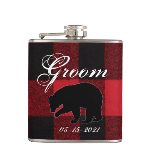 Groom Whiskey Flask Red Buffalo Plaid Bear Black
