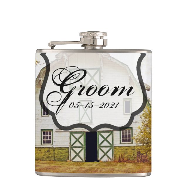 Groom Whiskey Flask Sunset Barn Country Rustic Fie (Front)