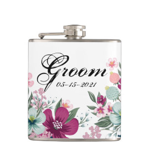 Groom Whiskey Flask Tropical Flowers on White