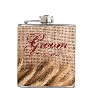 Groom Whiskey Flask Wheat on Burlap Sack Country R