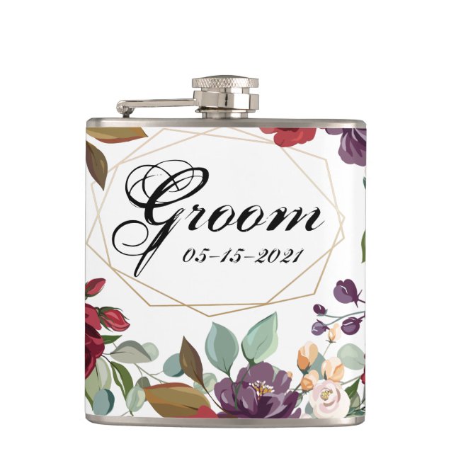 Groom Whiskey Flask White Roses Gold Geometric (Front)