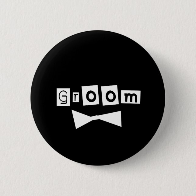 Groom White on Black 6 Cm Round Badge (Front)