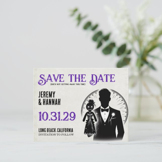 Groom with Voodoo Doll Bride Save The Date (Standing Front)