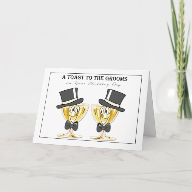 Grooms Champagne Toast, Gay Male Wedding Congrats Card (Front)