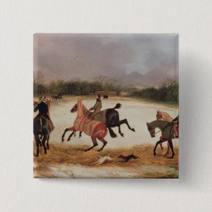 Grooms exercising racehorses 15 cm square badge