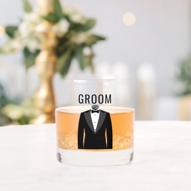 Groom's Name Black Tuxedo Wedding Date Whiskey Glass (Insitu (Wedding))