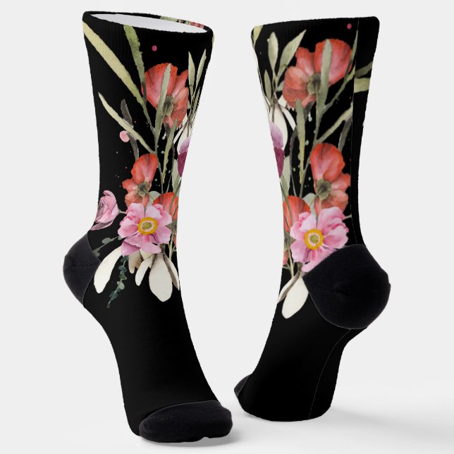 Grooms Pink Wedding Floral Bouquet on Black Socks (Angled)
