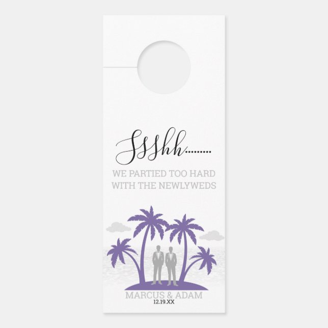 Grooms Purple Beach Wedding Door Hanger (Front)
