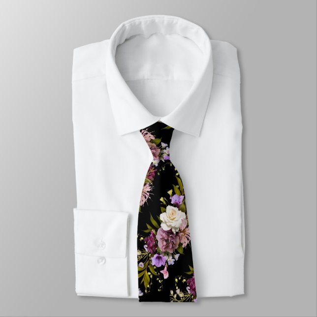 Grooms Purple Floral Bouquet on Black Tie (Tied)