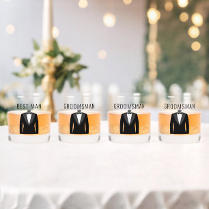 Groom's Team Name Black Tuxedo Wedding Date Whiskey Glass