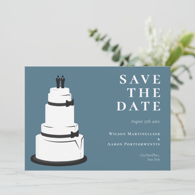 Grooms Wedding Cake Blue LGBTQ Save The Date (Standing Front)