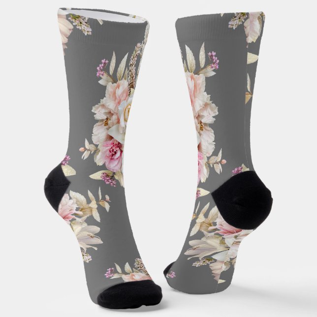 Grooms Wedding Floral Bouquet Pattern on Grey Socks (Angled)
