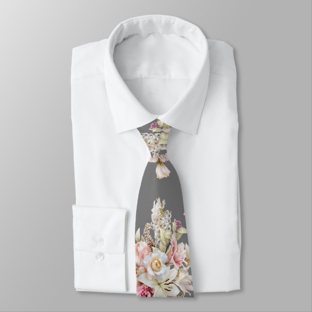 Grooms Wedding Floral Bouquet Pattern on Grey Tie (Tied)