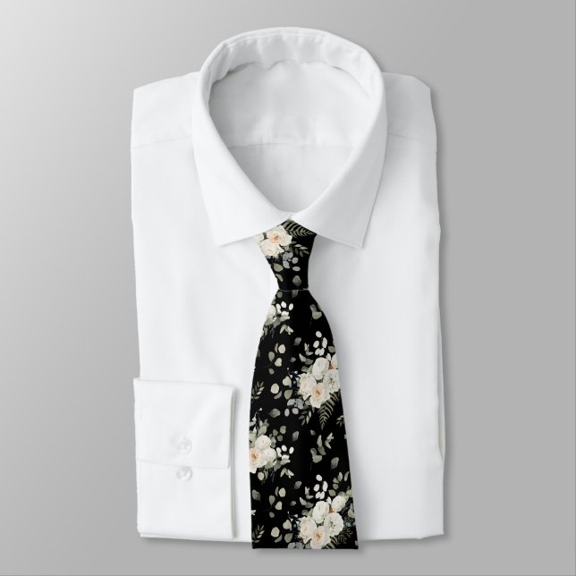 Grooms White Wedding Floral Bouquet on Black Tie (Tied)