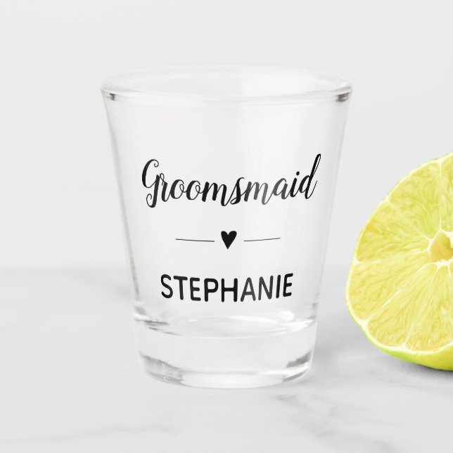 Groomsmaid Black Script Monogrammed Wedding Shot Glass (Front)