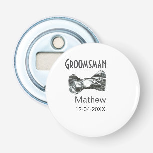 Groomsman add name date year grey collar bow text bottle opener