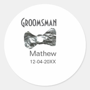 Groomsman add name date year grey collar bow text classic round sticker