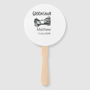 Groomsman add name date year grey collar bow text hand fan