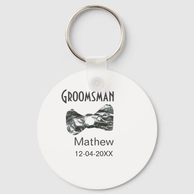 Groomsman add name date year grey collar bow text key ring (Front)