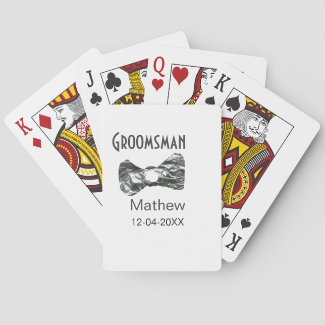 Groomsman add name date year grey collar bow text playing cards (Back)