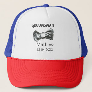 Groomsman add name date year grey collar bow text trucker hat