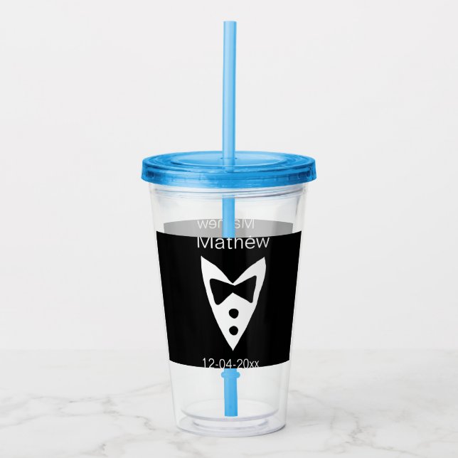groomsman add name year black bow shirt tie tuxedo acrylic tumbler (Front)