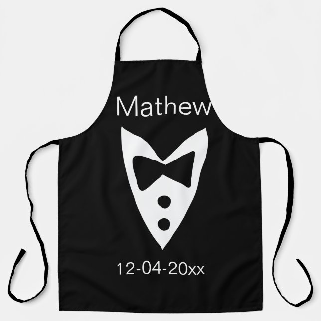 groomsman add name year black bow shirt tie tuxedo apron (Front)