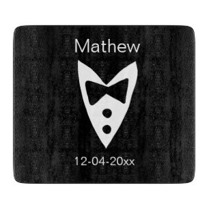 groomsman add name year black bow shirt tie tuxedo cutting board