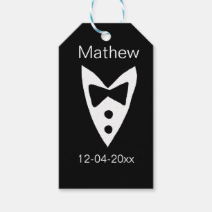 groomsman add name year black bow shirt tie tuxedo gift tags