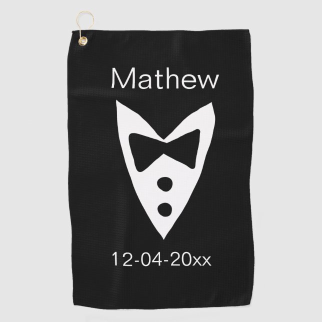 groomsman add name year black bow shirt tie tuxedo golf towel (Front)