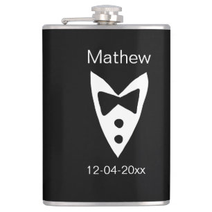 groomsman add name year black bow shirt tie tuxedo hip flask