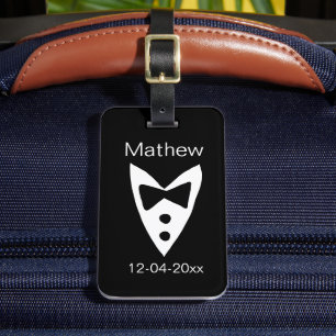 groomsman add name year black bow shirt tie tuxedo luggage tag
