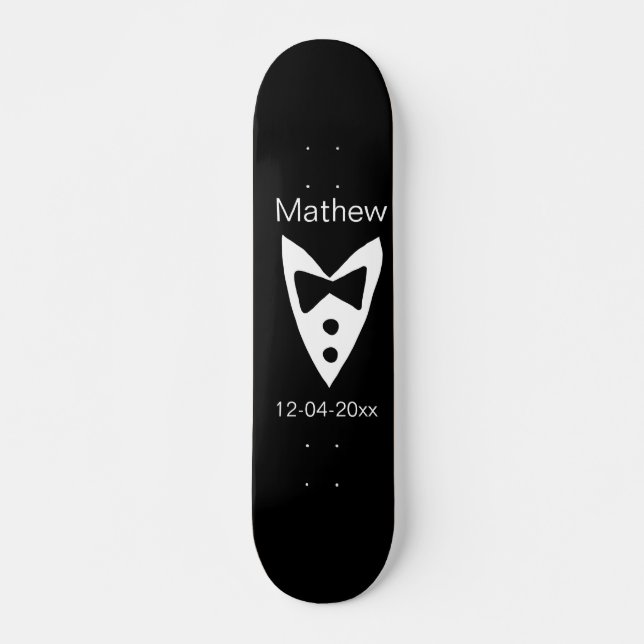 groomsman add name year black bow shirt tie tuxedo skateboard (Front)