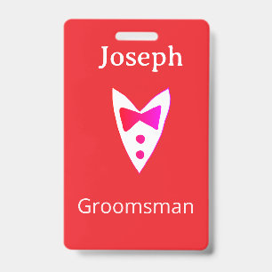groomsman add name year red bow shirt tie tuxedo ID badge