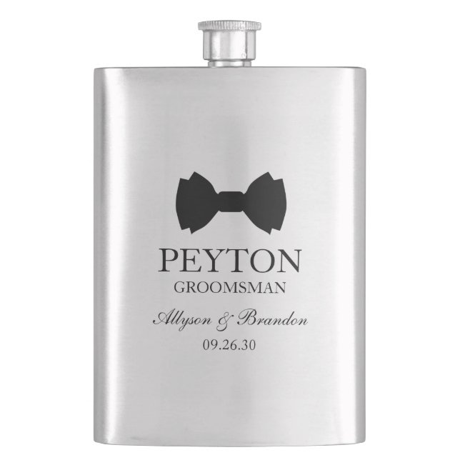 Groomsman Black Bow Tie Hip Flask (Front)