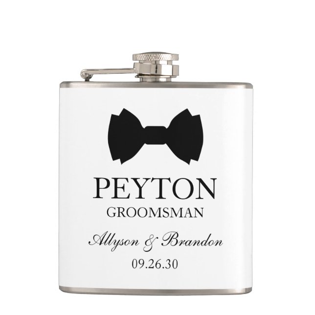 Groomsman Black Bow Tie Hip Flask (Front)