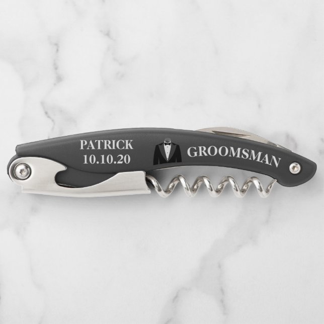 Groomsman Black Bridal Party Favour Tuxedo Wedding Corkscrew (Front)