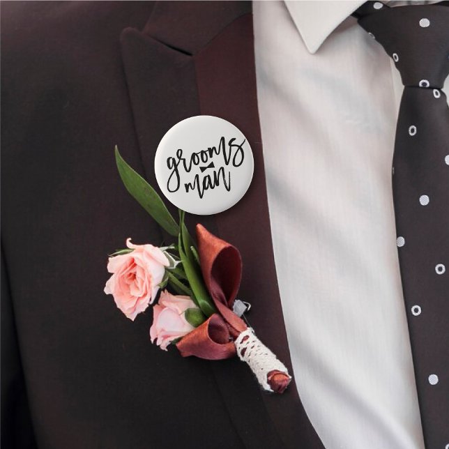 Groomsman Black Brush Script Bow Tie Wedding Party 6 Cm Round Badge ('Groomsman' Bow Tie Black Brush Script Calligraphy Wedding Rehearsal Pin Button @ fatfatin_blue_knot)