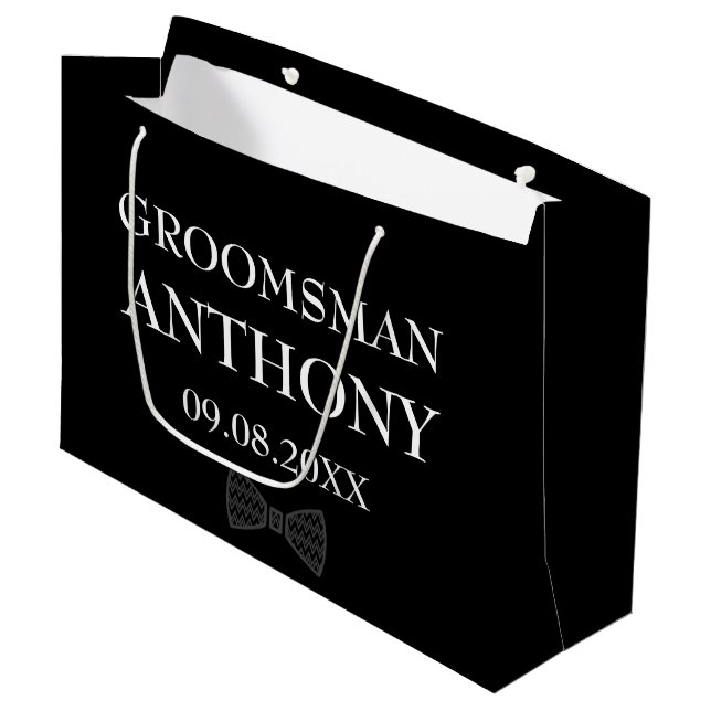 Groomsman Black Elegant Custom Name Gifts Wedding Large Gift Bag (Front Angled)