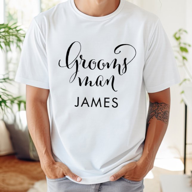 Groomsman Black Script Personalised Wedding T-Shirt (Creator Uploaded)
