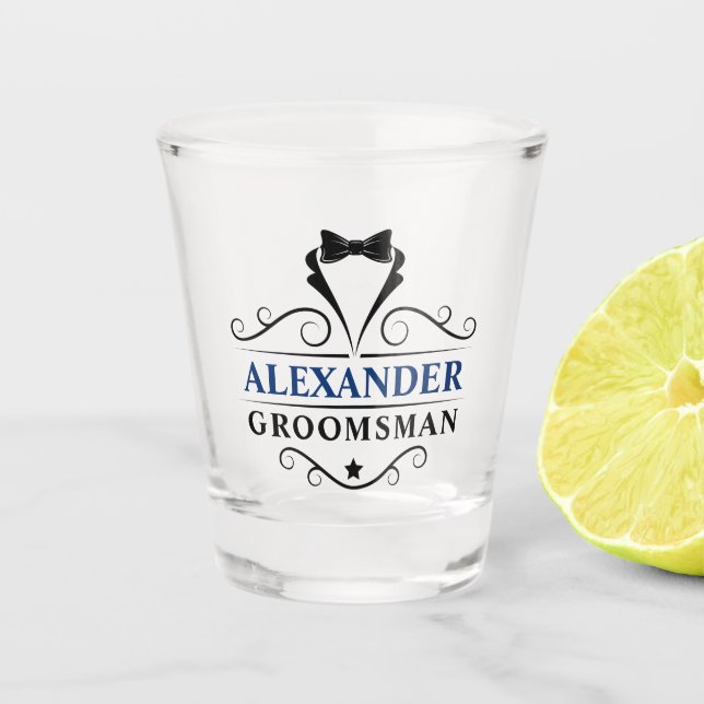 Groomsman Black Tie Blue Name Shot Glass (Front)