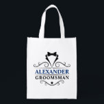 Groomsman Black Tie Blue White Reusable Bag<br><div class="desc">Wedding Groomsman Black Tie Reusable Tote Bag - Navy Blue Text</div>