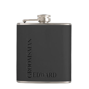 Groomsman Black Typography Embossed Look Monogram Hip Flask