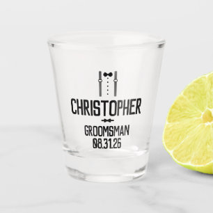 Groomsman Black Typography Tuxedo  Shot Glass