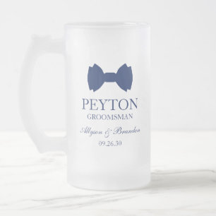 Groomsman Blue Bow Tie Frosted Glass Beer Mug
